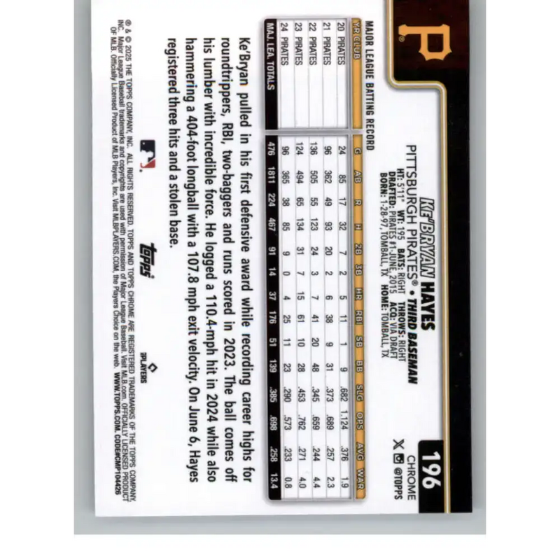 2025 topps Chrome RayWave Refractor #196 Ke’Bryan Hayes NM-MT Pittsburgh Pirates Baseball Card - Baseball Card Single