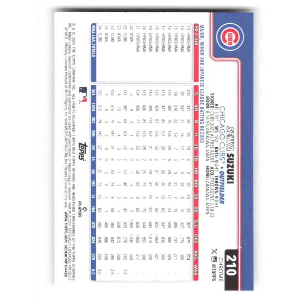 2025 topps Chrome RayWave Refractor #210 Seiya Suzuki NM-MT Chicago Cubs Baseball Card - Baseball Card Single