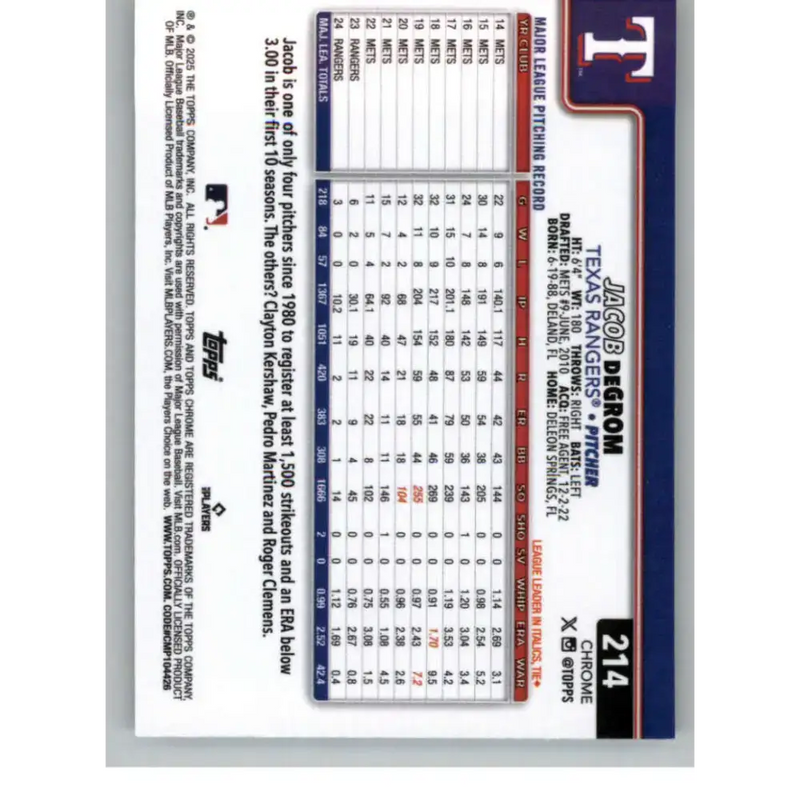 2025 topps Chrome RayWave Refractor #214 Jacob deGrom NM-MT Texas Rangers Baseball Card - Baseball Card Single