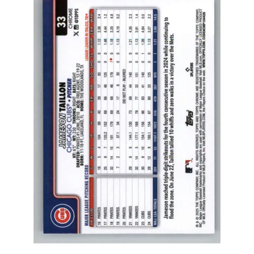 2025 topps Chrome RayWave Refractor #33 Jameson Taillon NM-MT Chicago Cubs Baseball Card - Baseball Card Single
