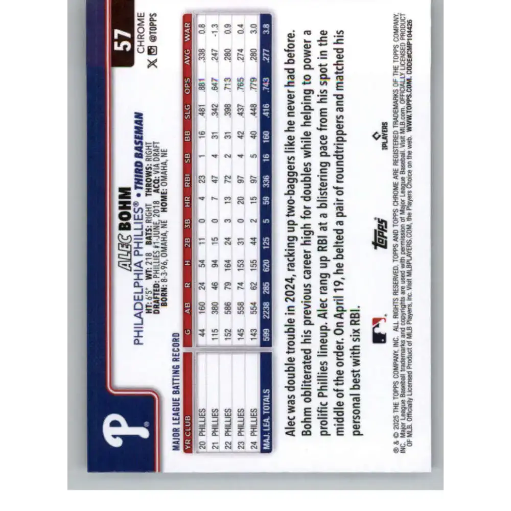 2025 topps Chrome RayWave Refractor #57 Alec Bohm NM-MT Philadelphia Phillies Baseball Card - Baseball Card Single