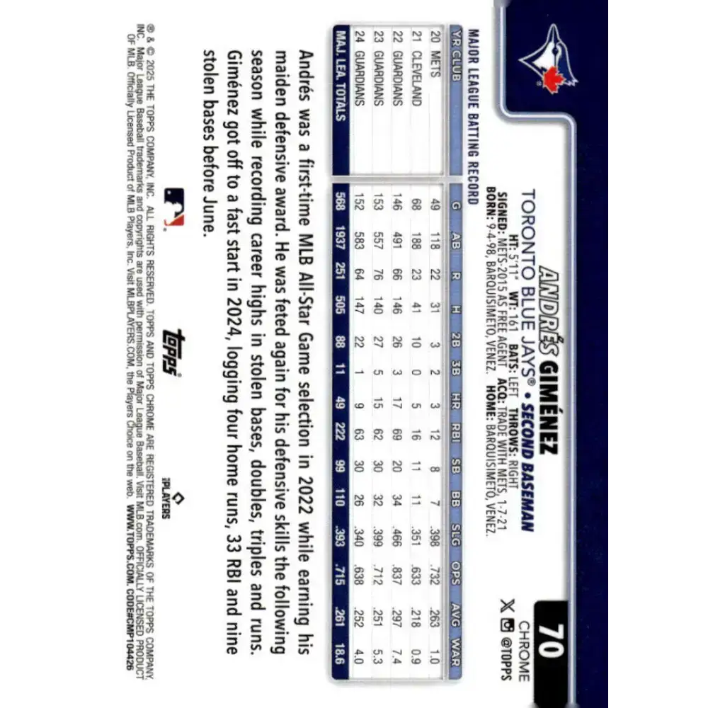 2025 topps Chrome RayWave Refractor #70 Andres Gimenez NM-MT Toronto Blue Jays Baseball Card - Baseball Card