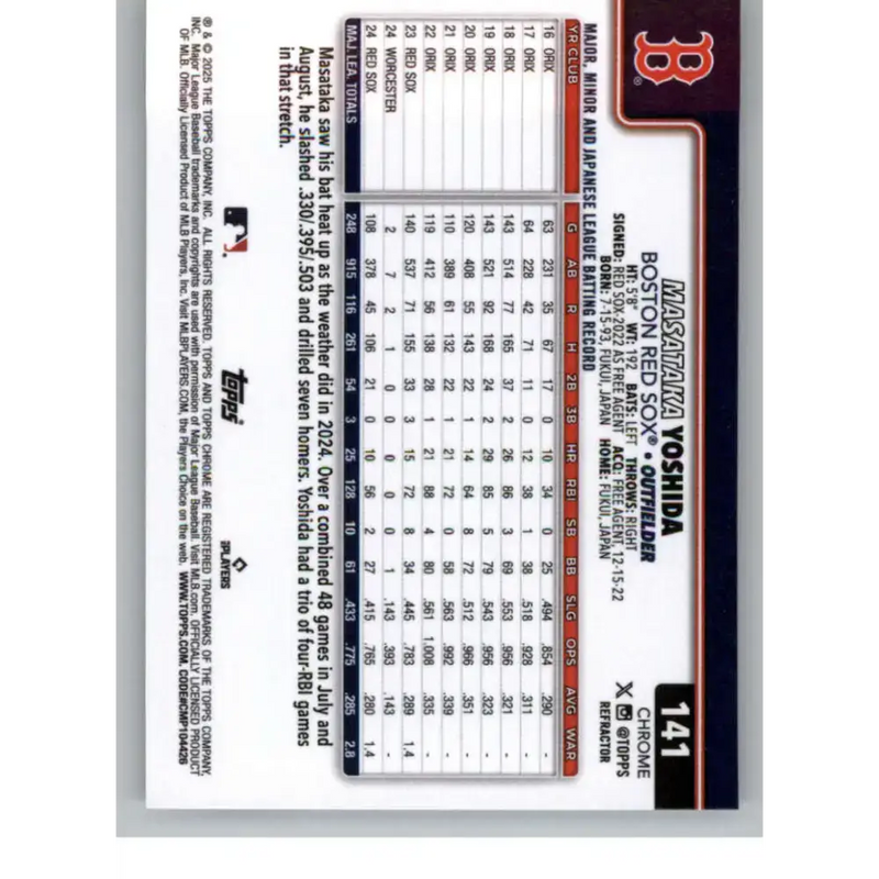 2025 topps Chrome Refractor #141 Masataka Yoshida NM-MT Boston Red Sox Baseball Card - Baseball Card Single