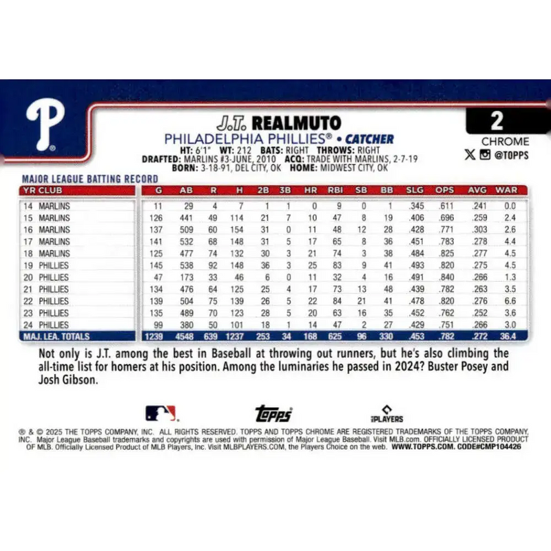 2025 topps Chrome Refractor #2 J.T. Realmuto NM-MT Philadelphia Phillies Baseball Card - Baseball Card Single