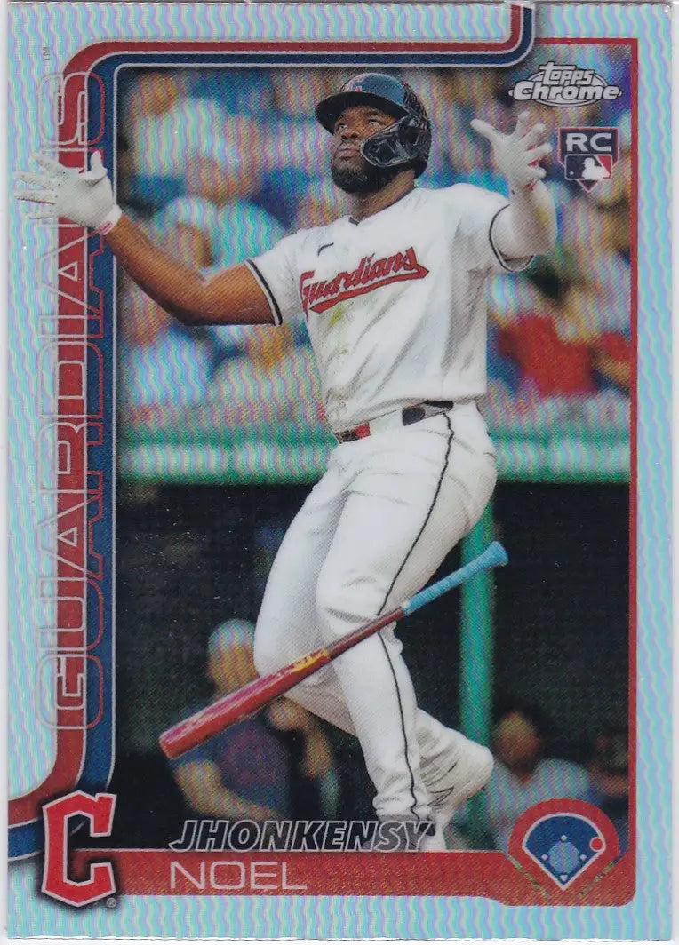 Baseball trading card featuring Jhonkensy Noel RC from 2025 Topps Chrome Refractor Cleveland Guardians
