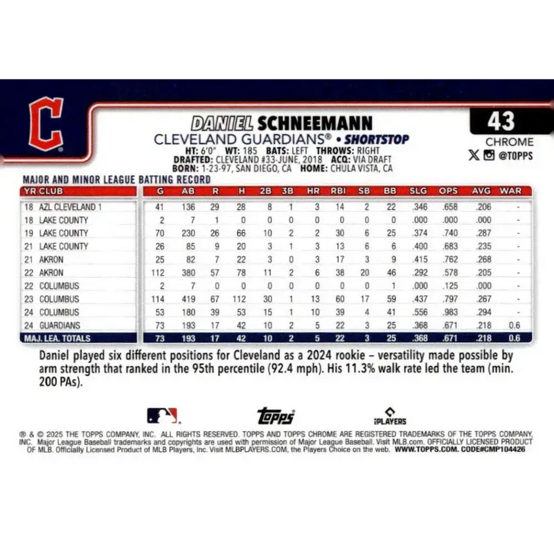 2025 topps Chrome Refractor #43 Daniel Schneemann NM-MT RC Rookie Cleveland Guardians Baseball Card - Baseball Card