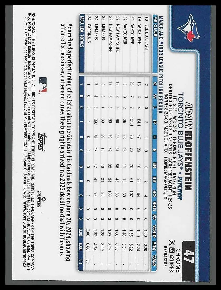 2025 Topps Chrome Refractors #47 Adam Kloffenstein Rookie - Baseball Card Single