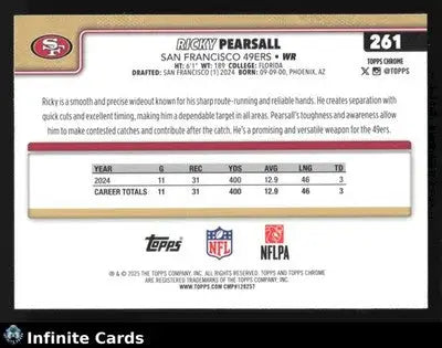 2025 Topps Chrome RICKY PEARSALL #261 San Francisco 49ers RC - Football Card Single