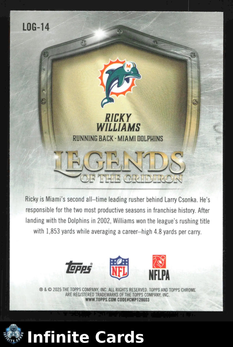 2025 Topps Chrome RICKY WILLIAMS #LOG-14 Legends of the Gridiron Chrome Dolphins - Football Card Single