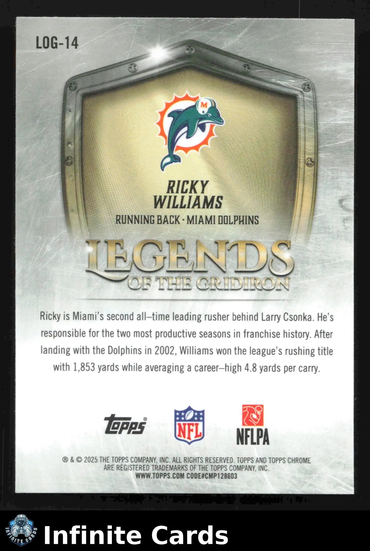 2025 Topps Chrome RICKY WILLIAMS #LOG-14 Legends of the Gridiron Chrome Dolphins - Football Card Single
