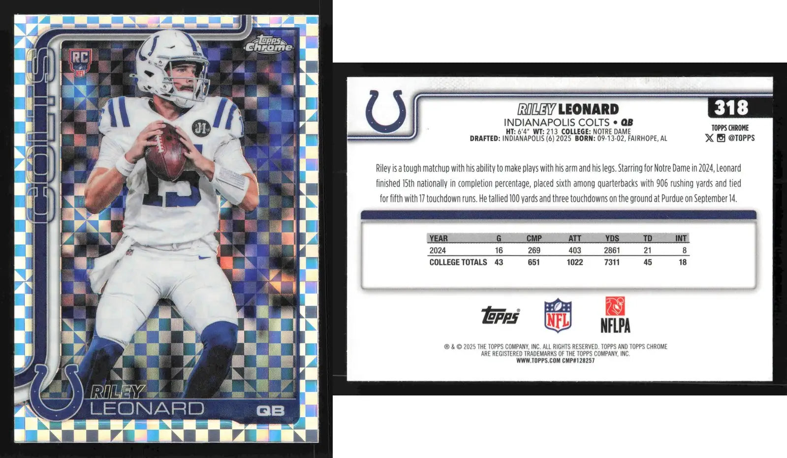 2025 Topps Chrome RILEY LEONARD #318 X-Fractor Indianapolis Colts RC - Football Card Single