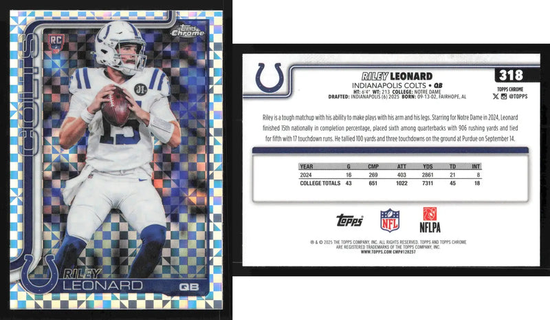 2025 Topps Chrome RILEY LEONARD #318 X-Fractor Indianapolis Colts RC - Football Card Single