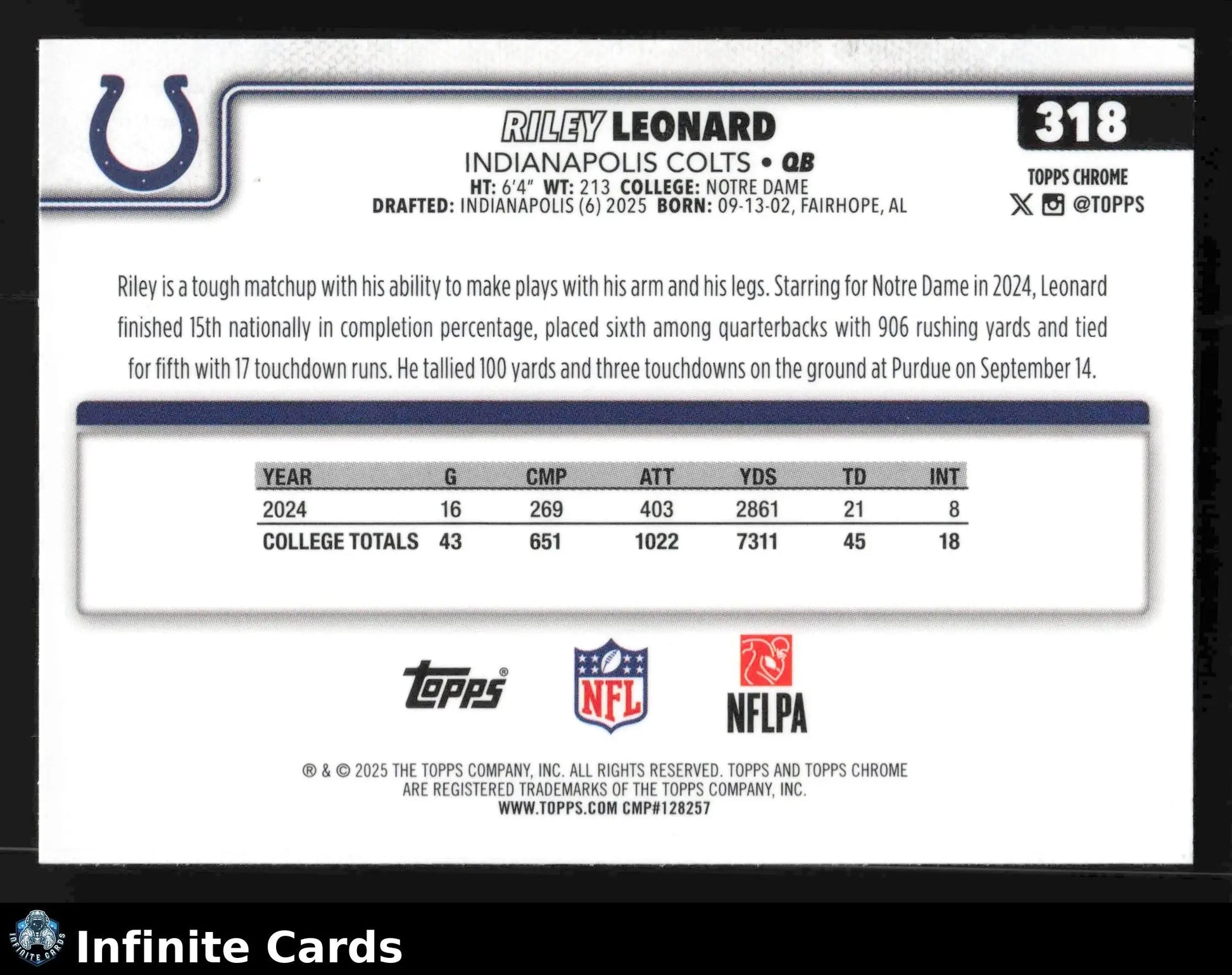 2025 Topps Chrome RILEY LEONARD #318 X-Fractor Indianapolis Colts RC - Football Card Single