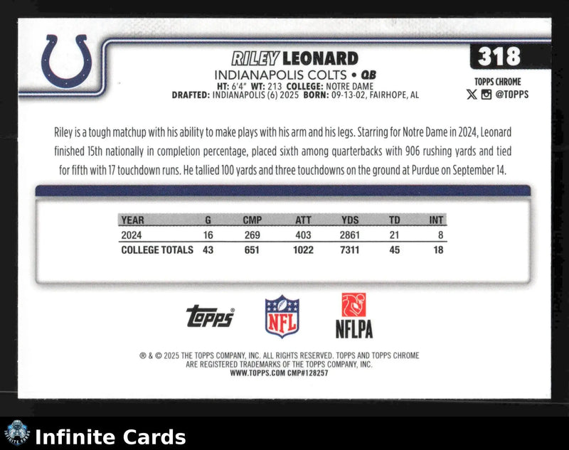 2025 Topps Chrome RILEY LEONARD #318 X-Fractor Indianapolis Colts RC - Football Card Single