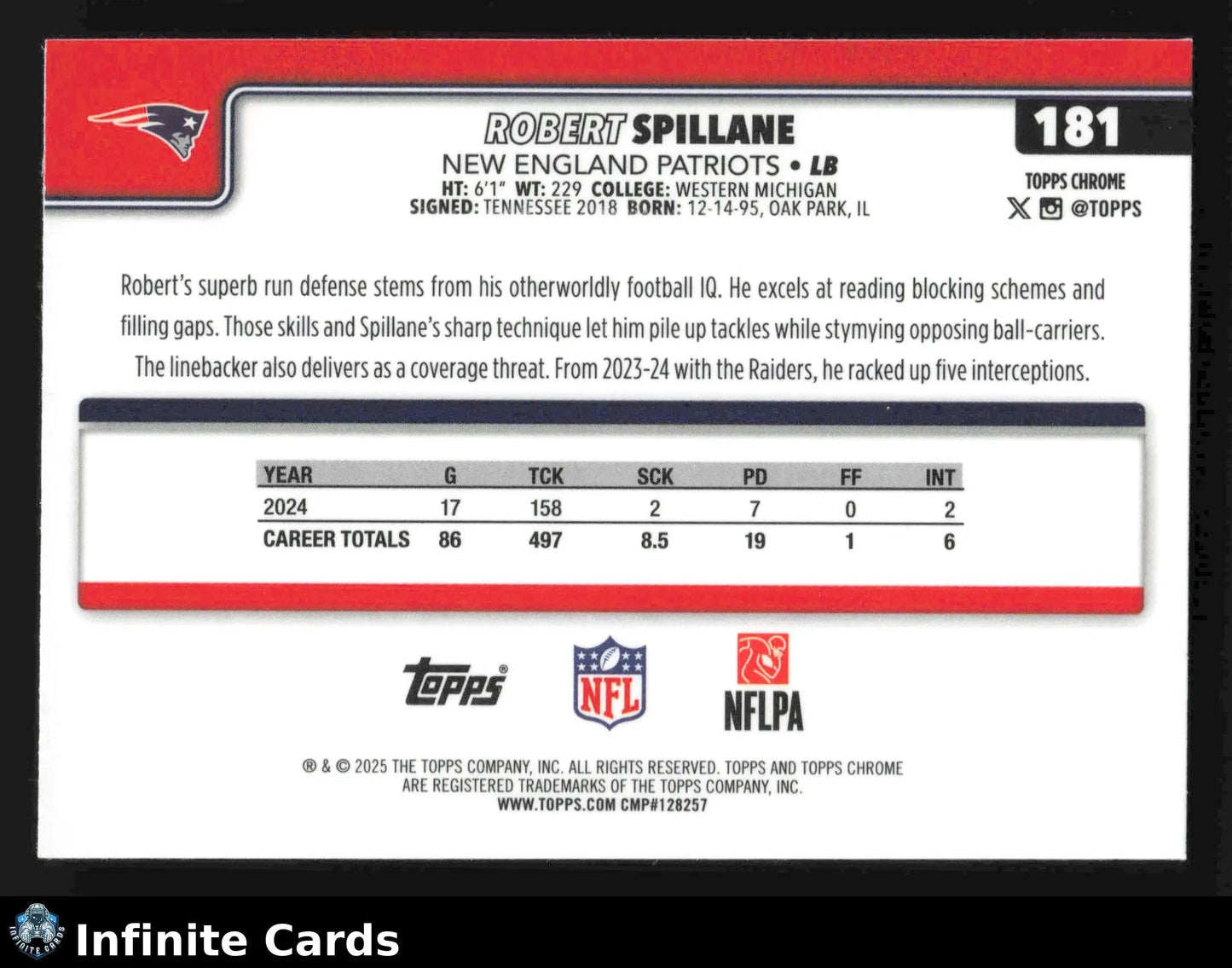 2025 Topps Chrome ROBERT SPILLANE #181 New England Patriots - Football Card Single