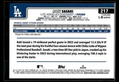 2025 Topps Chrome Roki Sasaki #217 RC Los Angeles Dodgers