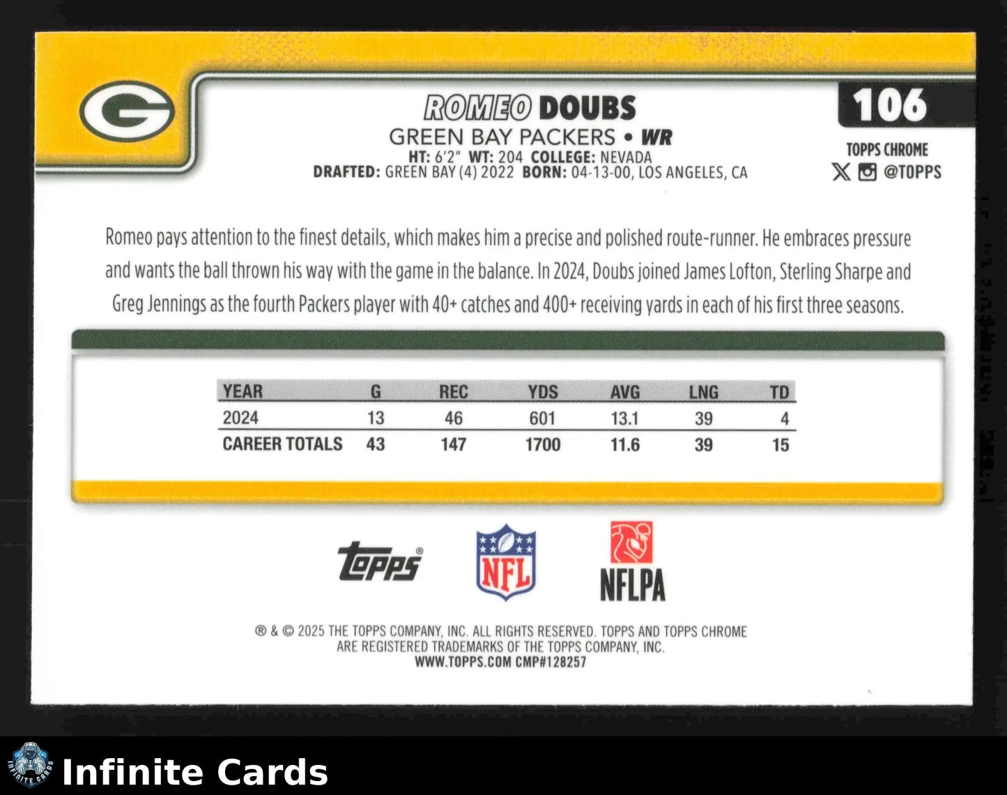 2025 Topps Chrome ROMEO DOUBS #106 Chrome Green Bay Packers - Football Card Single