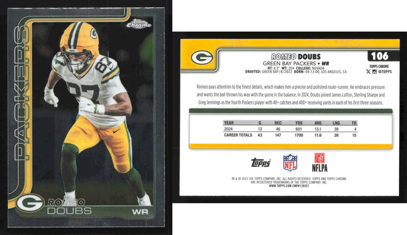 2025 Topps Chrome ROMEO DOUBS #106 Chrome Green Bay Packers - Football Card Single