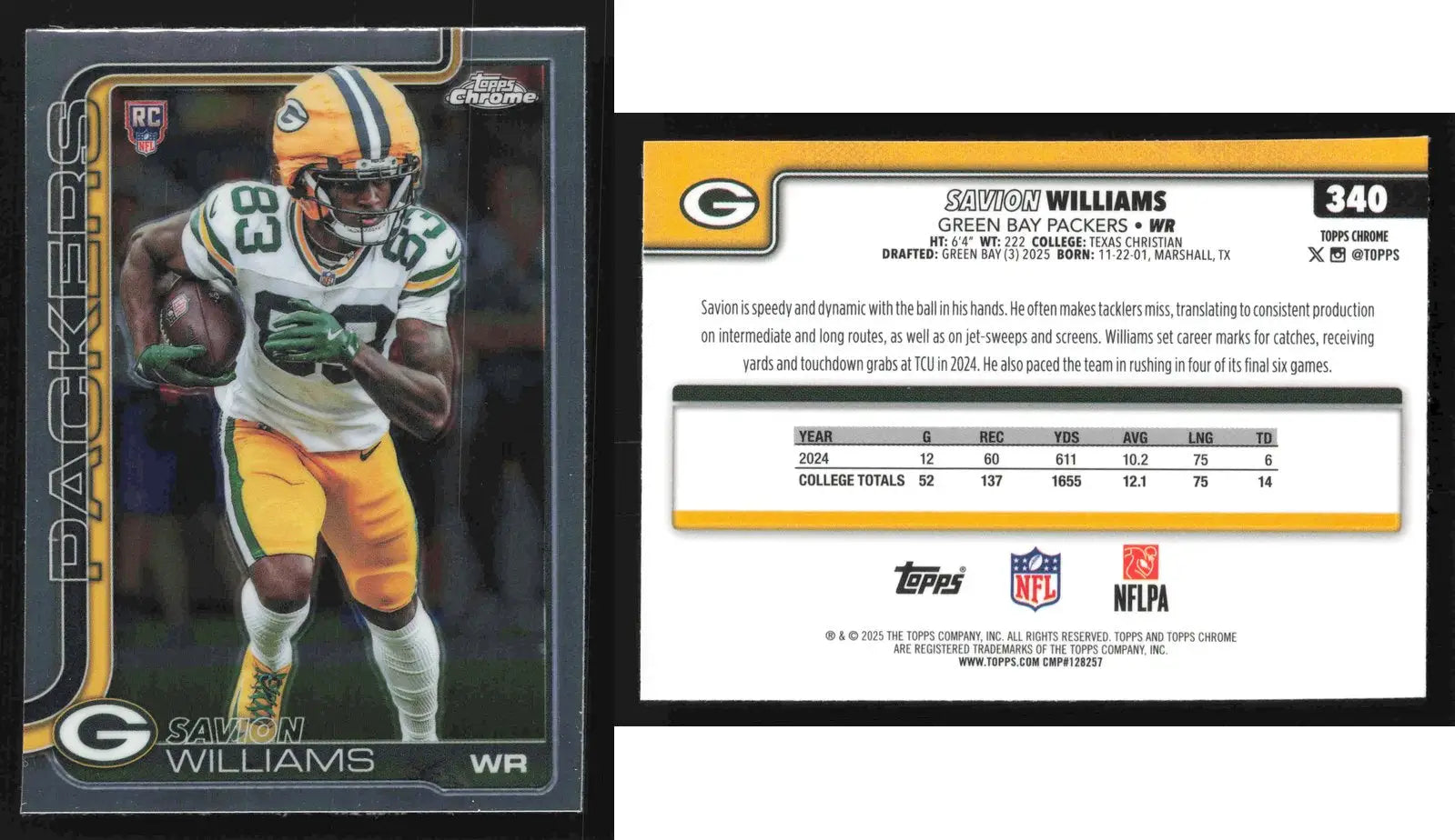 2025 Topps Chrome SAVION WILLIAMS #340 Green Bay Packers RC - Football Card Single