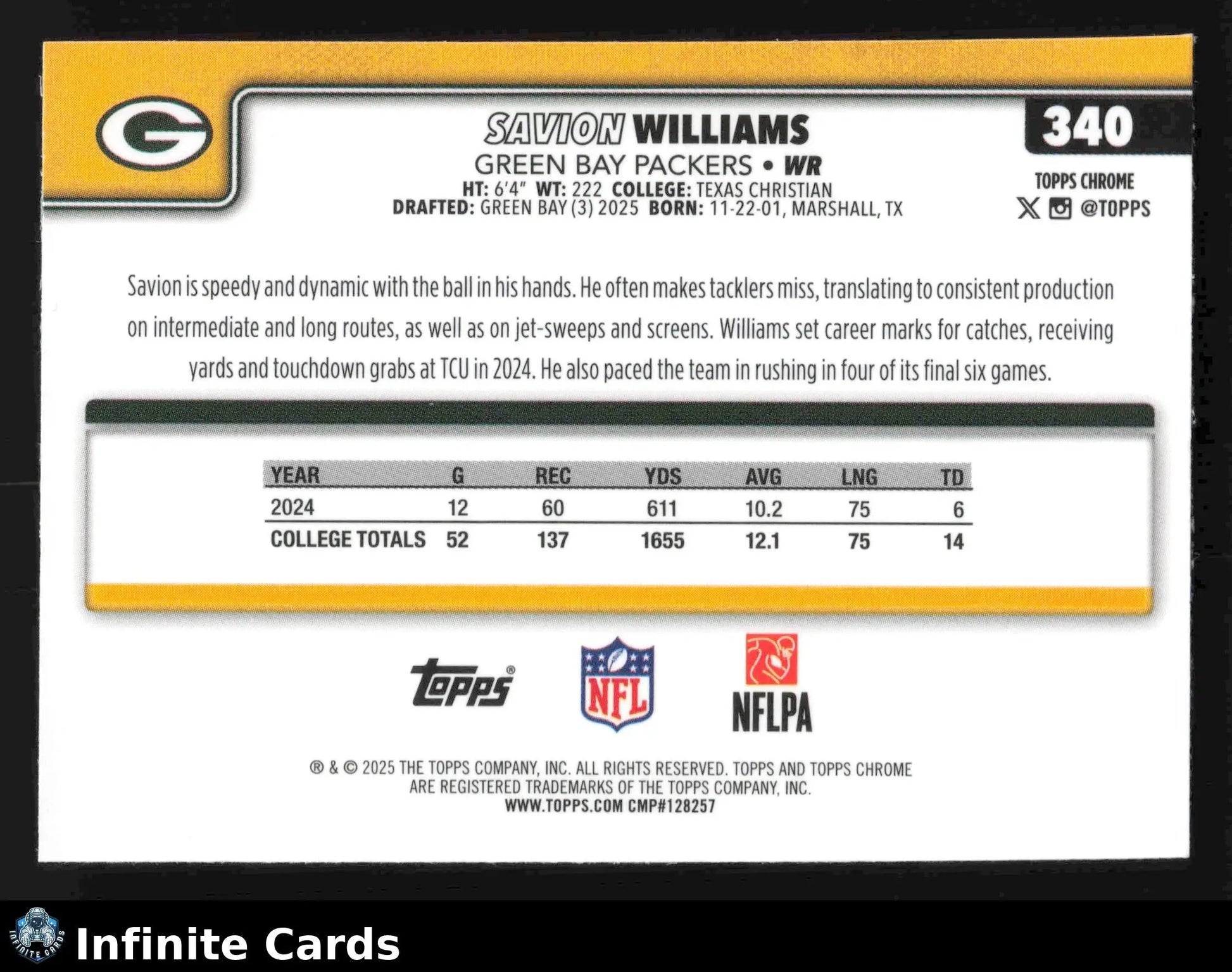 2025 Topps Chrome SAVION WILLIAMS #340 Green Bay Packers RC - Football Card Single