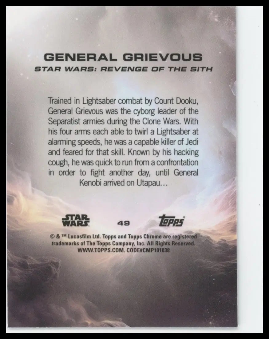 2025 Topps Chrome Star Wars General Grievous #49 Revenge of the Sith Card - Star Wars Card Single