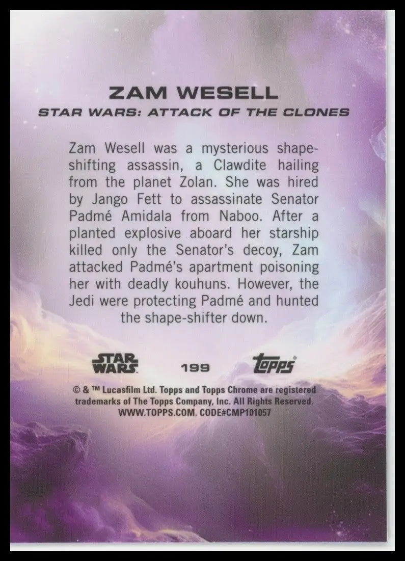 2025 Topps Chrome Star Wars Zam Wesell #199 Attack of the Clones Trading Card