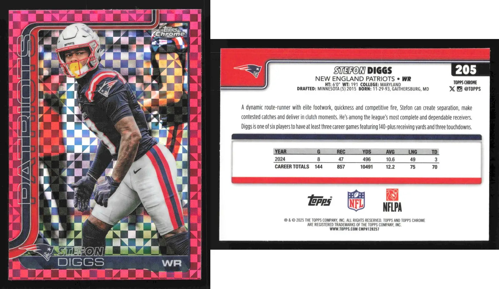 2025 Topps Chrome STEFON DIGGS #205 Hot Pink X-Fractor New England Patriots - Football Card Single