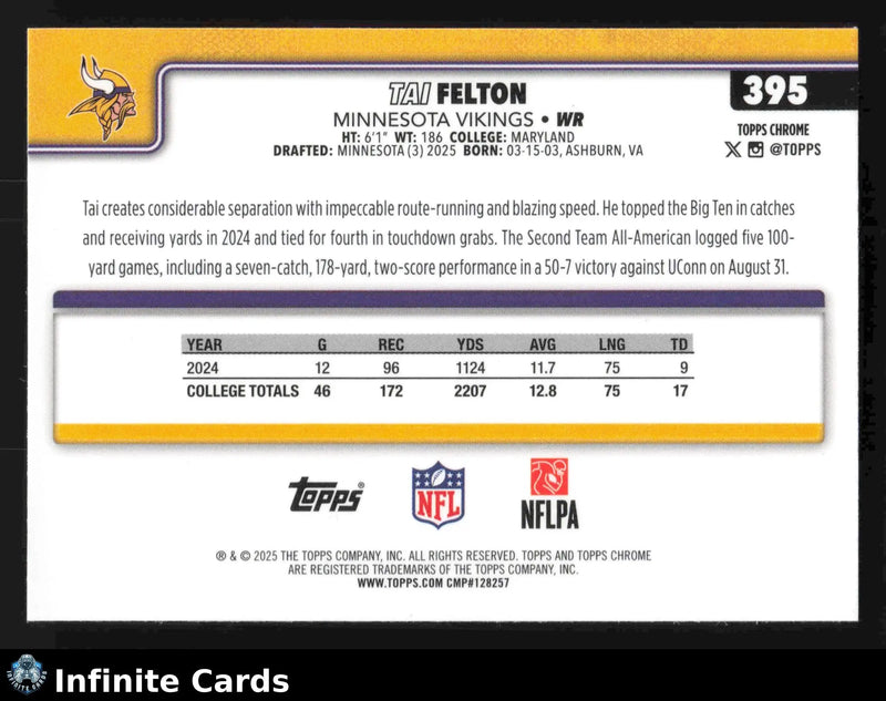 2025 Topps Chrome TAI FELTON #395 X-Fractor Minnesota Vikings RC - Football Card Single