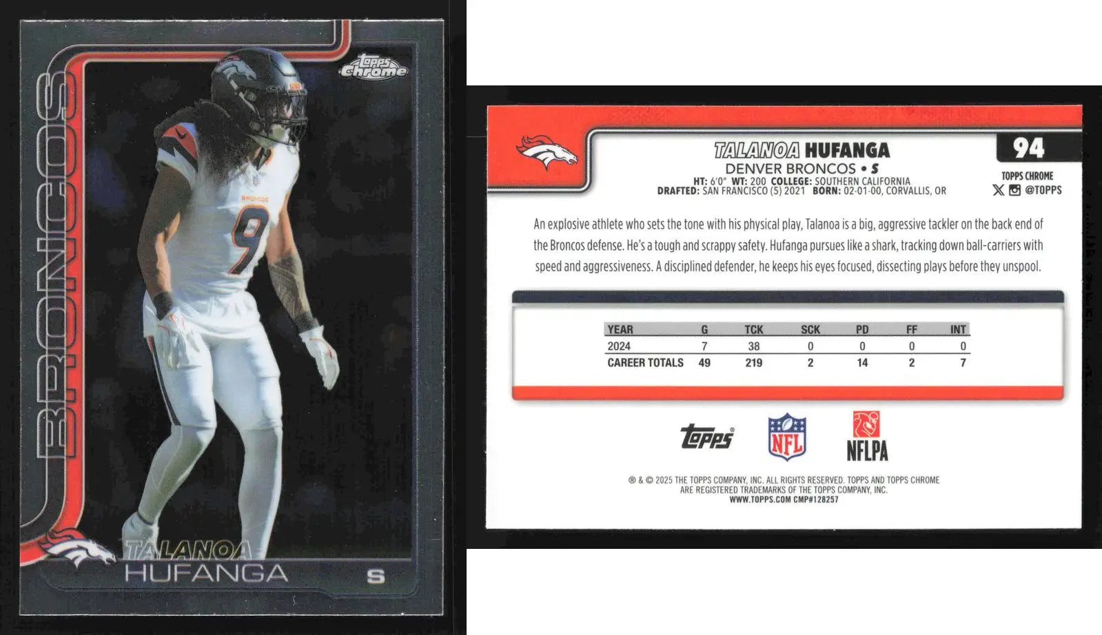 2025 Topps Chrome TALANOA HUFANGA #94 Denver Broncos - Football Card Single