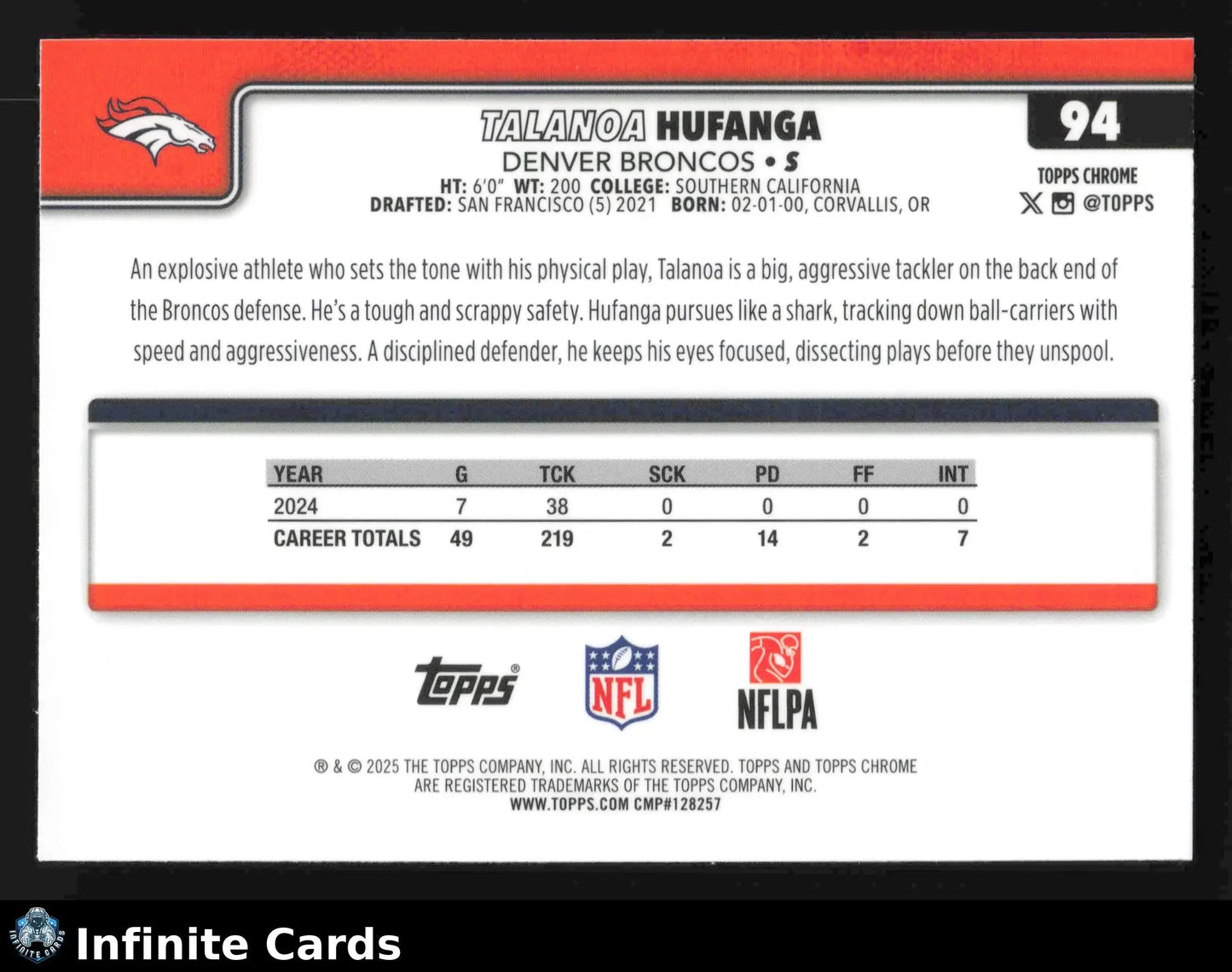 2025 Topps Chrome TALANOA HUFANGA #94 Denver Broncos - Football Card Single