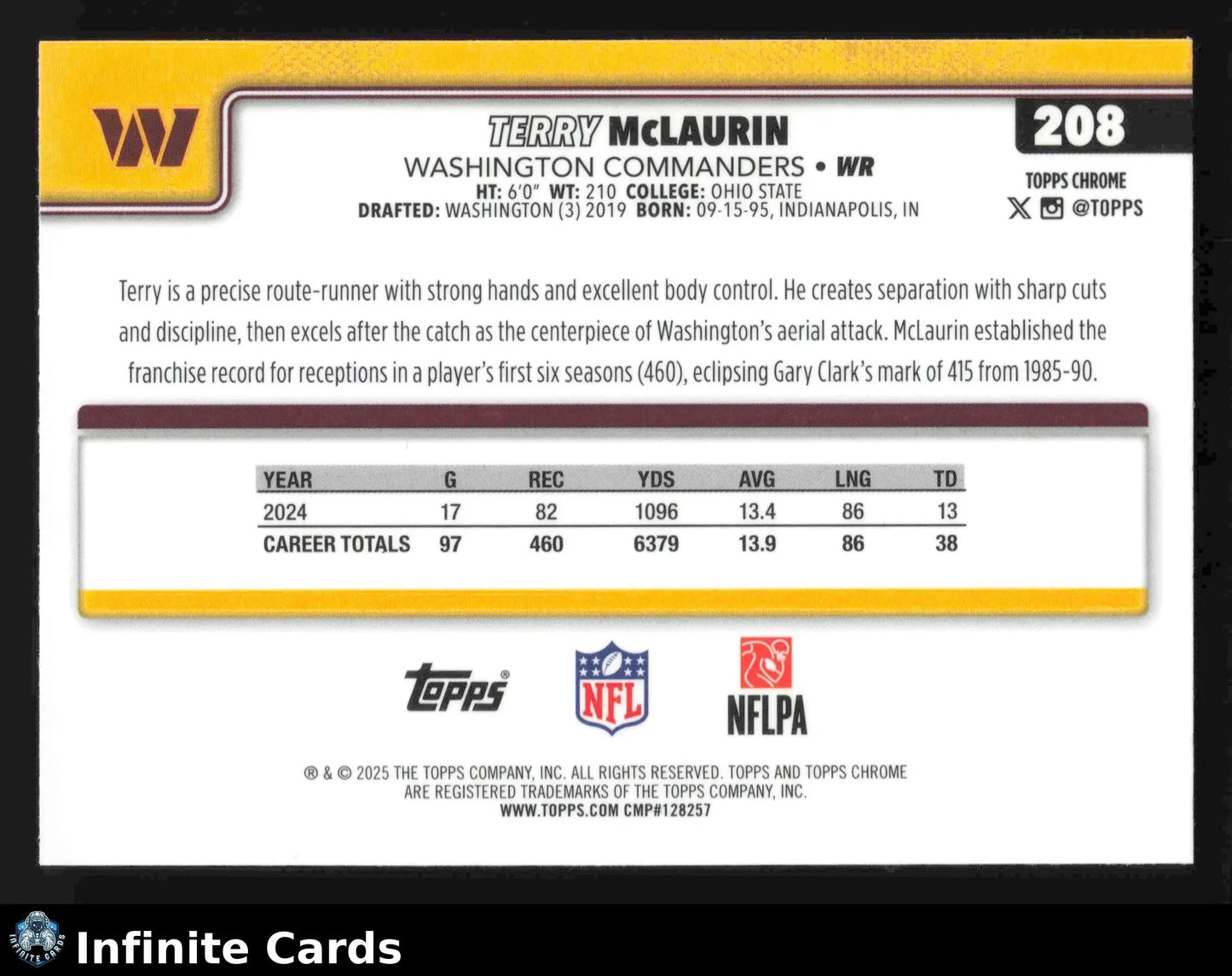 2025 Topps Chrome TERRY MCLAURIN #208 Hot Pink X-Fractor Washington Commanders - Football Card Single