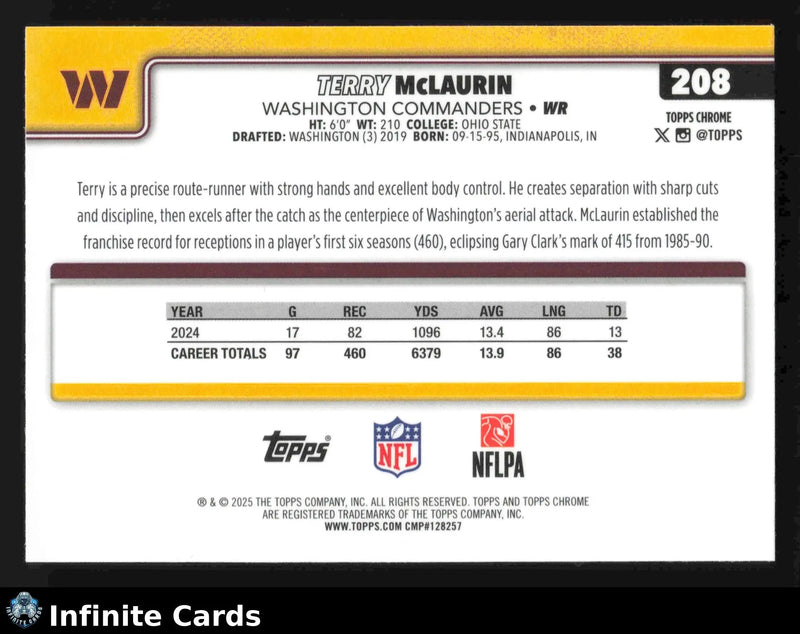 2025 Topps Chrome TERRY MCLAURIN #208 Hot Pink X-Fractor Washington Commanders - Football Card Single