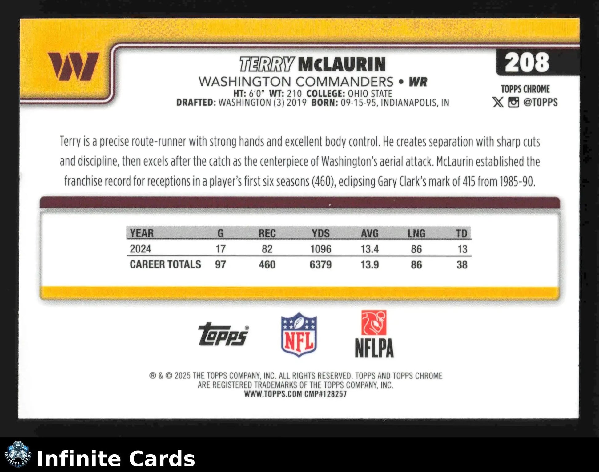 2025 Topps Chrome TERRY MCLAURIN #208 Washington Commanders - Football Card Single
