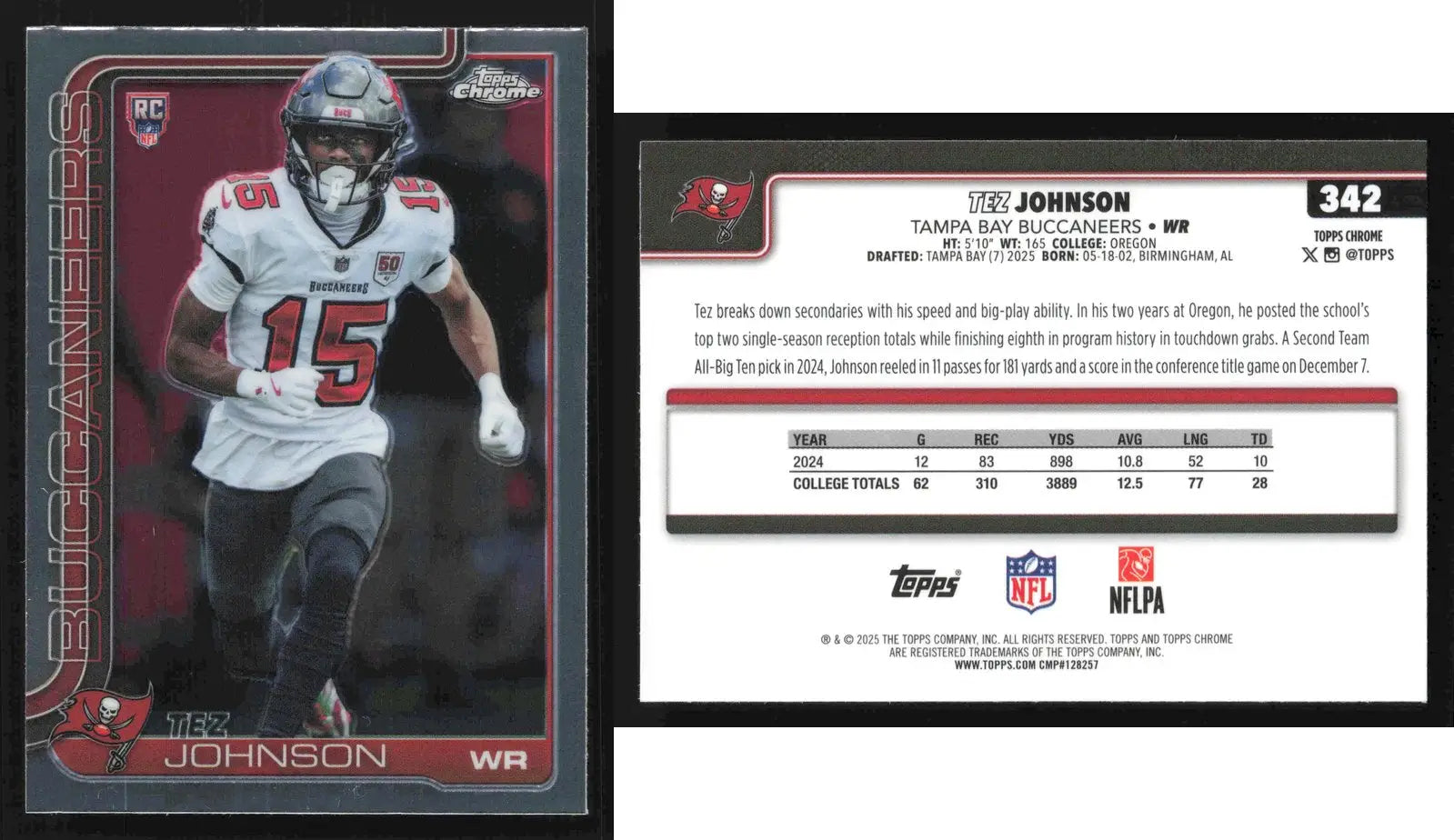 2025 Topps Chrome TEZ JOHNSON #342 Tampa Bay Buccaneers RC - Football Card Single