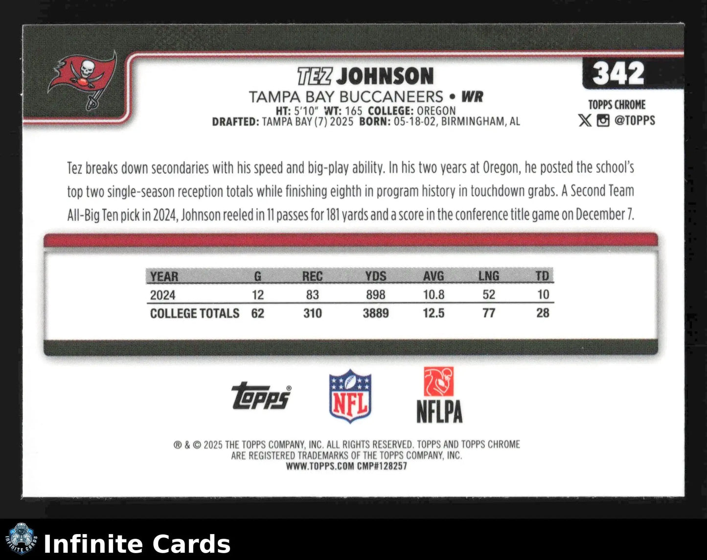 2025 Topps Chrome TEZ JOHNSON #342 X-Fractor Tampa Bay Buccaneers RC - Football Card Single