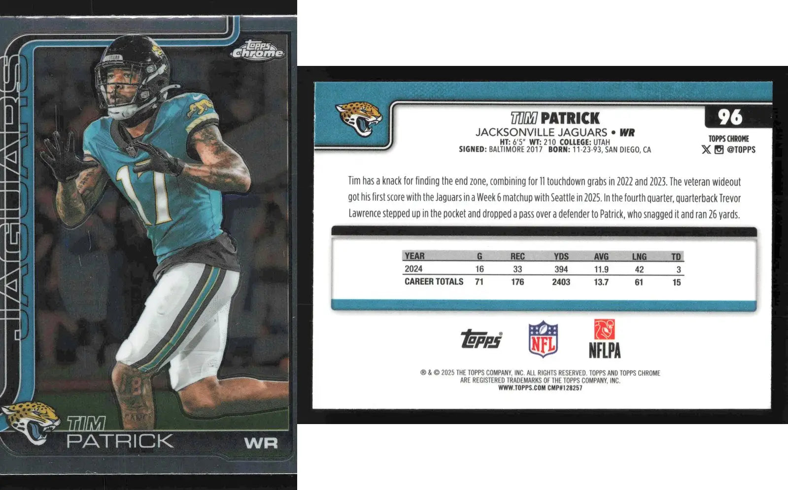 2025 Topps Chrome TIM PATRICK #96 Jacksonville Jaguars - Football Card Single