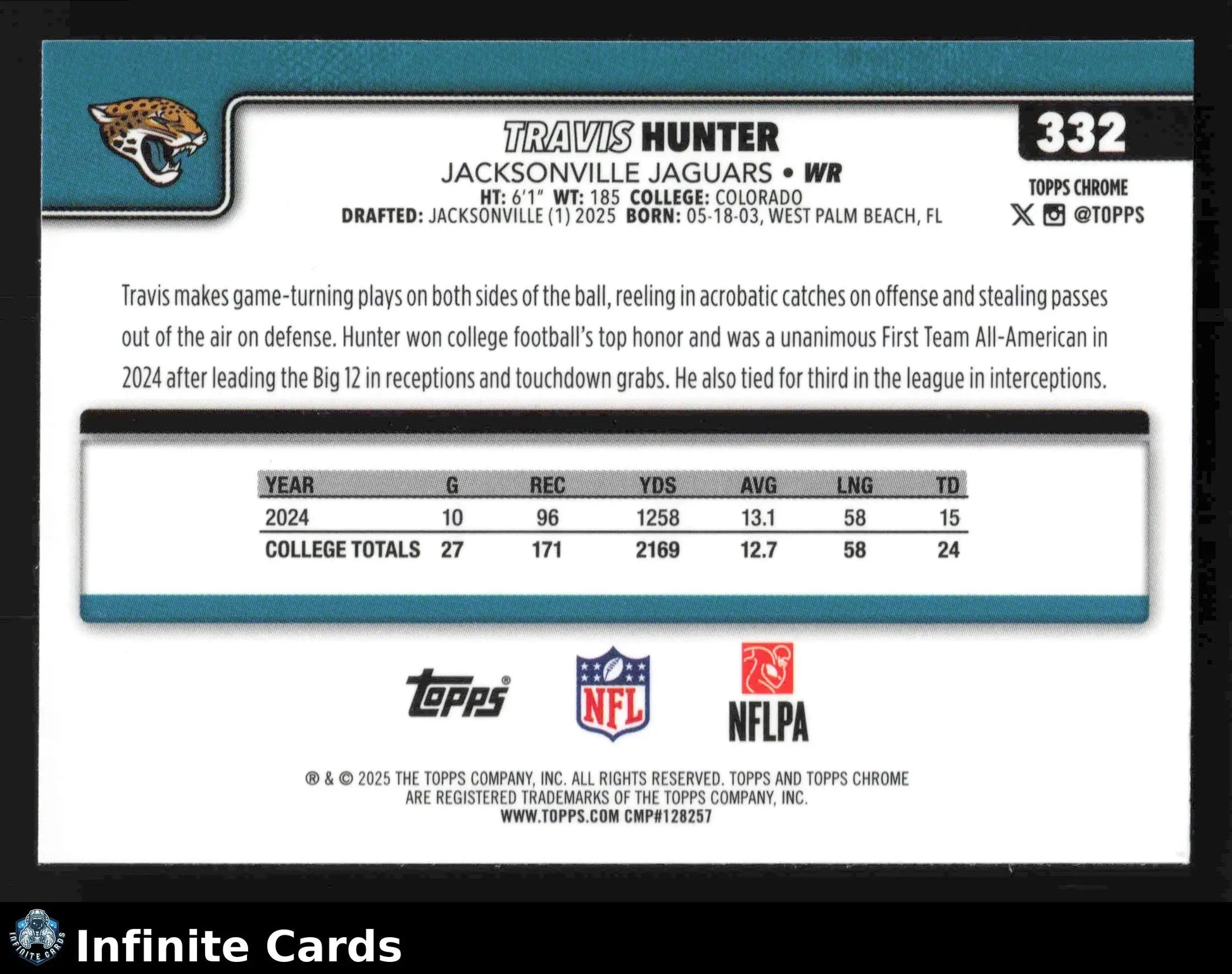 2025 Topps Chrome TRAVIS HUNTER #332 X-Fractor Jacksonville Jaguars RC - Football Card Single