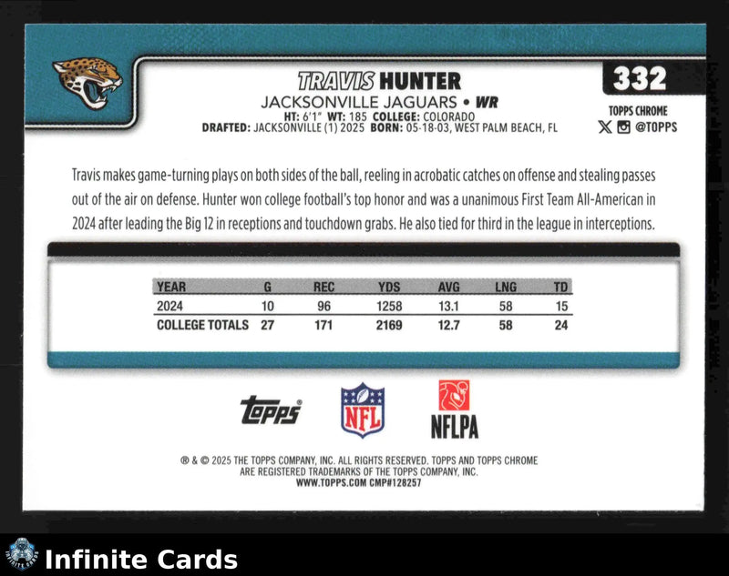 2025 Topps Chrome TRAVIS HUNTER #332 X-Fractor Jacksonville Jaguars RC - Football Card Single