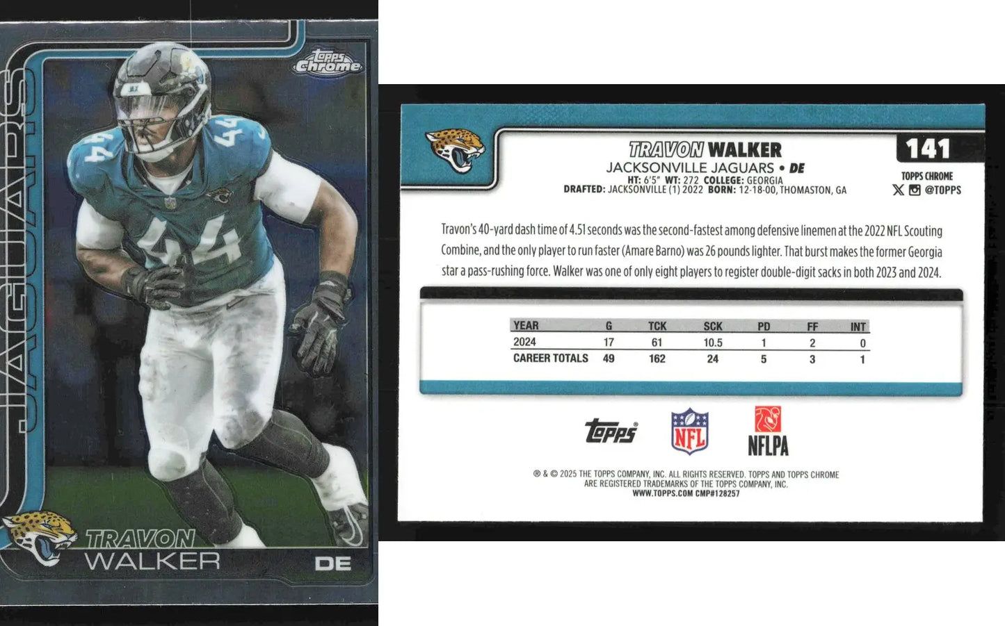 2025 Topps Chrome TRAVON WALKER #141 Jacksonville Jaguars - Football Card Single