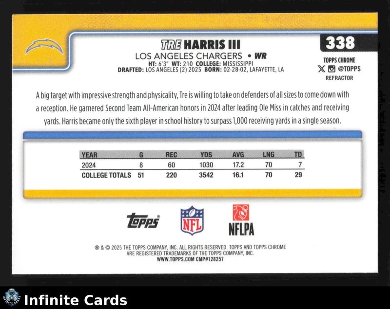 2025 Topps Chrome TRE HARRIS III #338 Refractor Los Angeles Chargers RC - Football Card Single