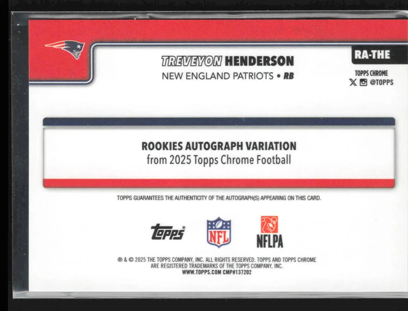 2025 Topps Chrome TreVeyon Henderson Pink Refractor Auto /250 RA-THE RC Patriots - Football Card Single