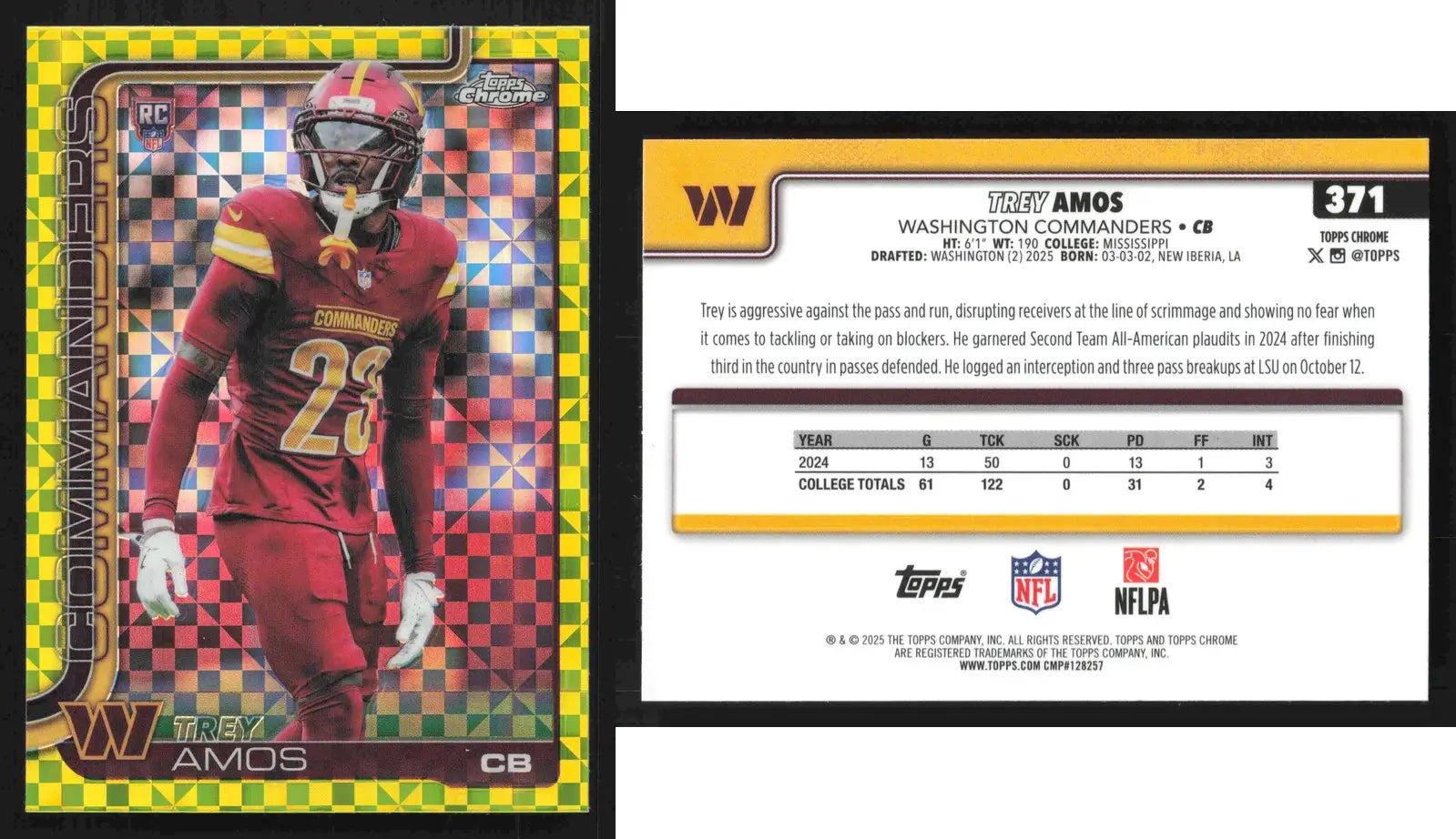 2025 Topps Chrome TREY AMOS #371 Lime Green X-Fractor Washington Commanders RC - Football Card Single