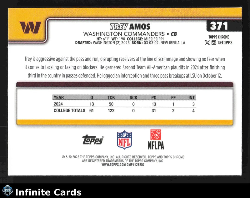 2025 Topps Chrome TREY AMOS #371 Washington Commanders RC - Football Card Single