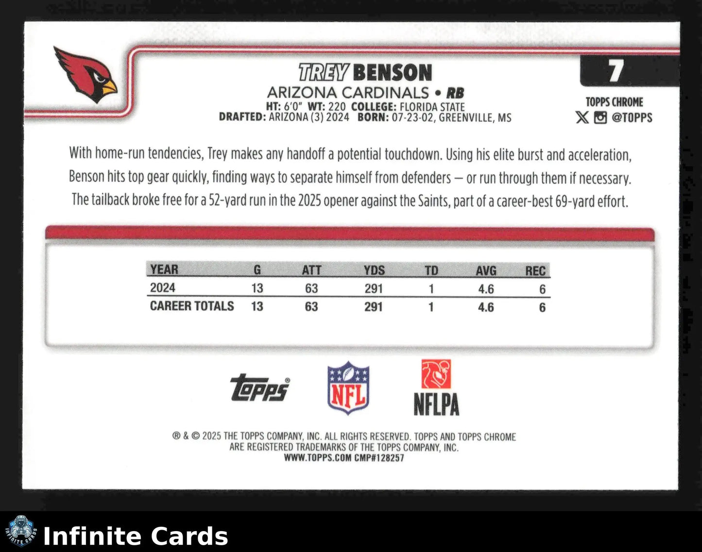 2025 Topps Chrome TREY BENSON #7 Arizona Cardinals - Football Card Single