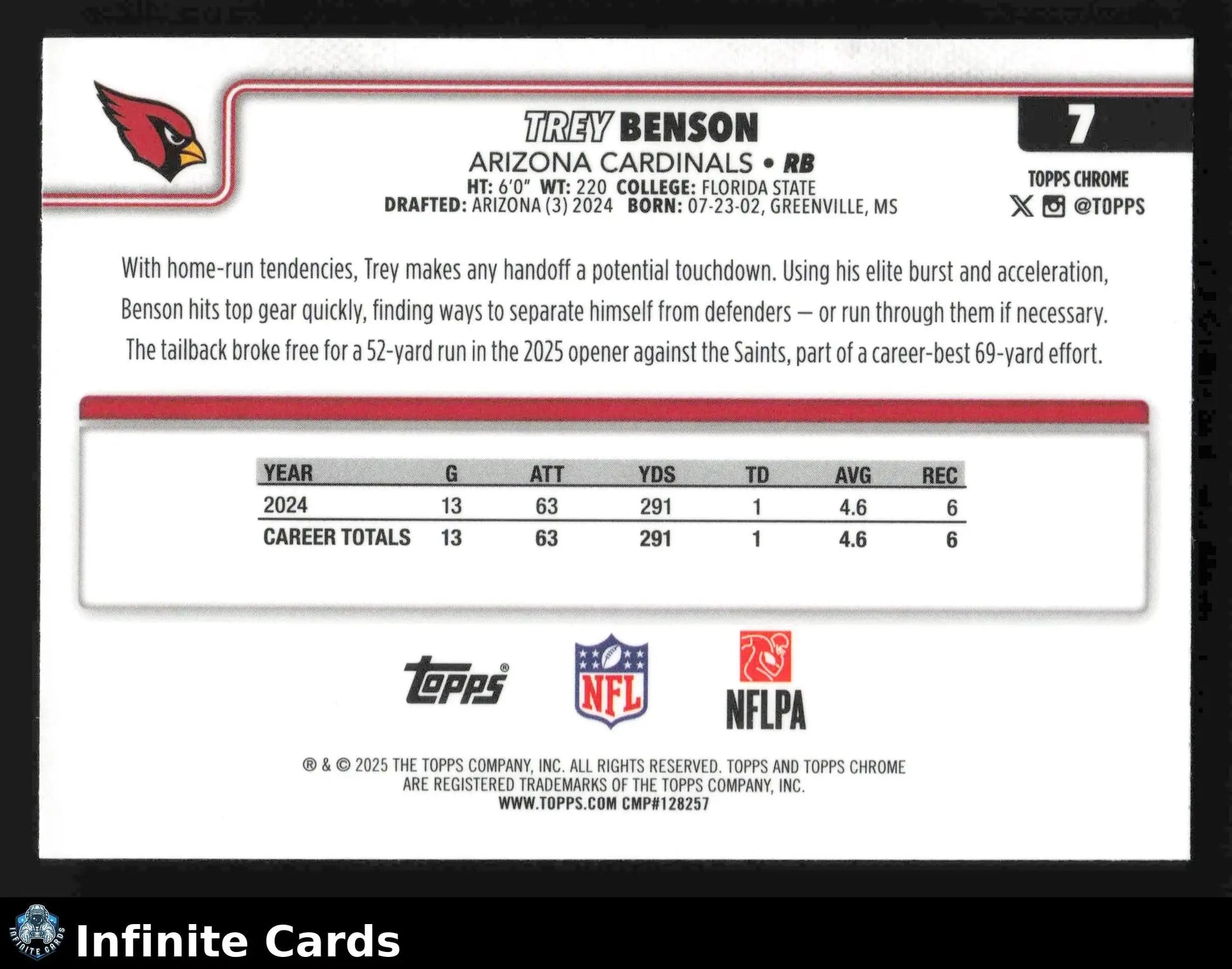 2025 Topps Chrome TREY BENSON #7 Arizona Cardinals - Football Card Single