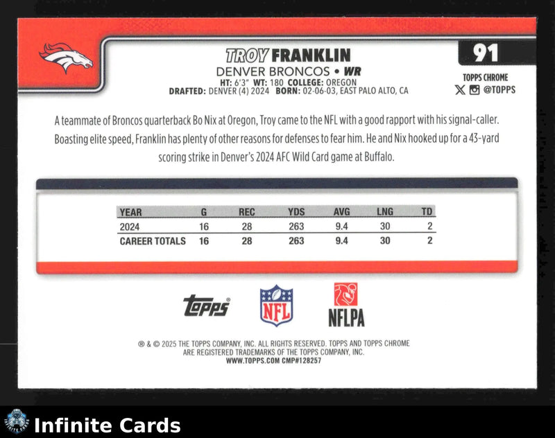 2025 Topps Chrome TROY FRANKLIN #91 Denver Broncos - Football Card Single