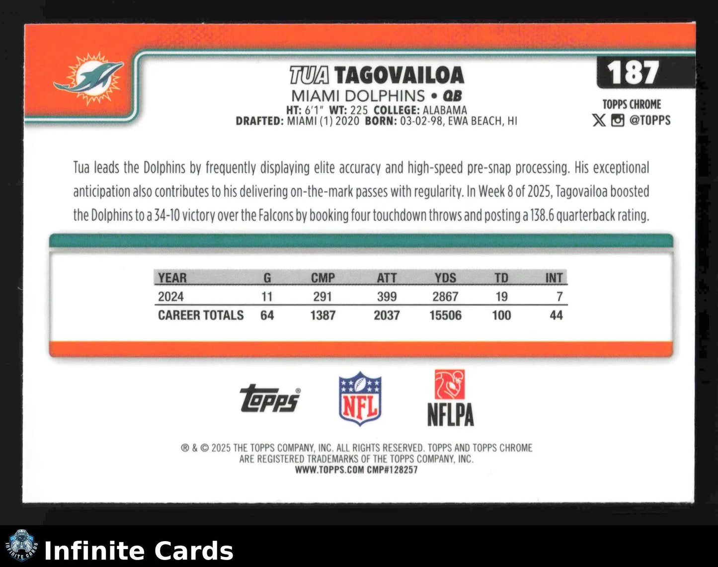 2025 Topps Chrome TUA TAGOVAILOA #187 Miami Dolphins - Football Card Single
