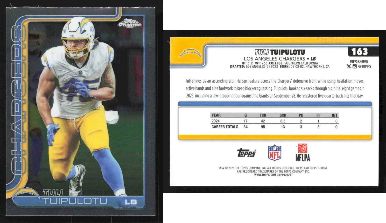 2025 Topps Chrome TULI TUIPULOTU #163 Los Angeles Chargers - Football Card Single
