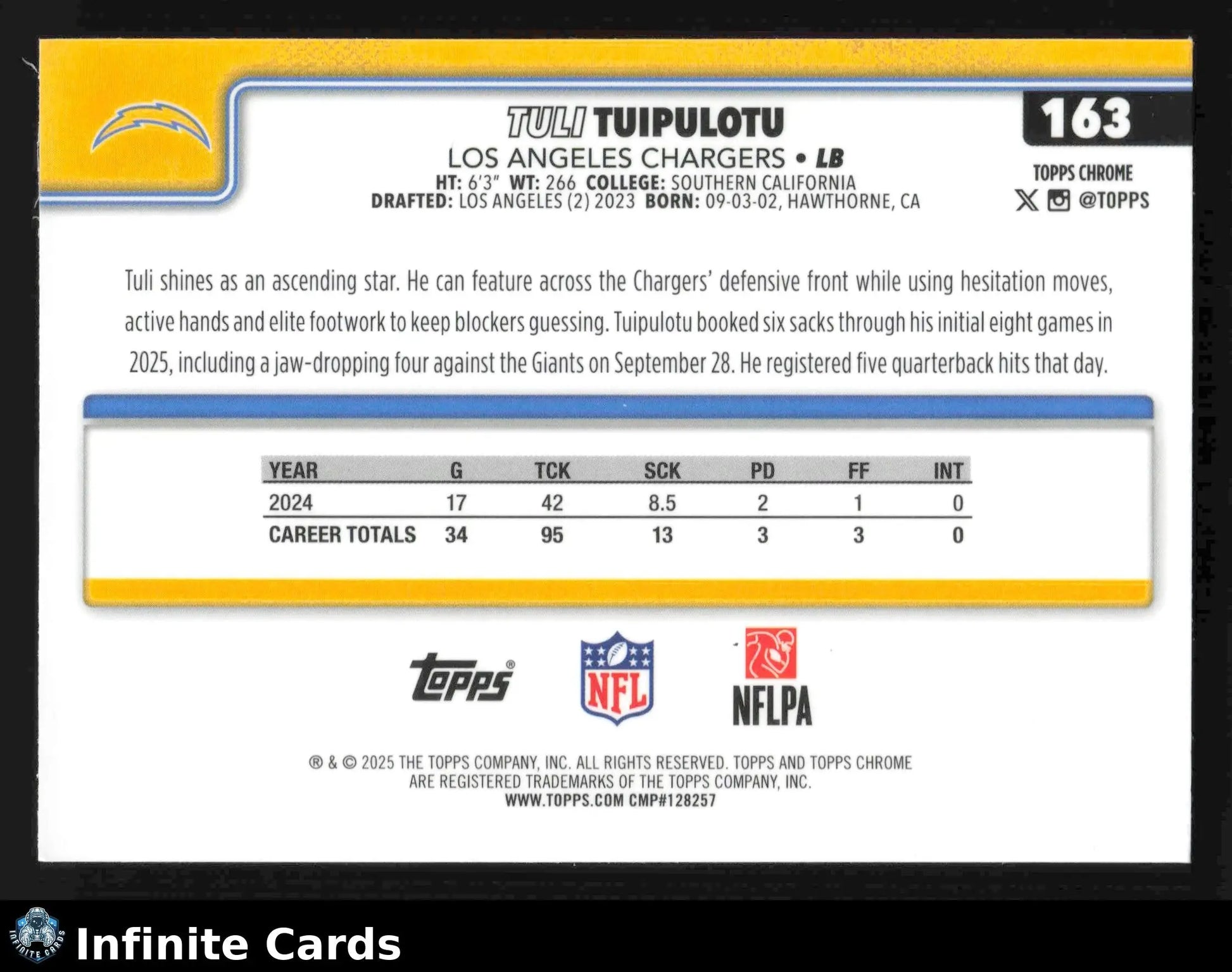 2025 Topps Chrome TULI TUIPULOTU #163 Los Angeles Chargers - Football Card Single