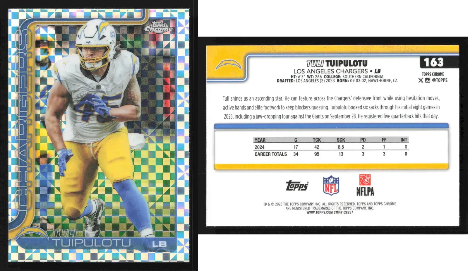 2025 Topps Chrome TULI TUIPULOTU #163 X-Fractor Los Angeles Chargers - Football Card Single